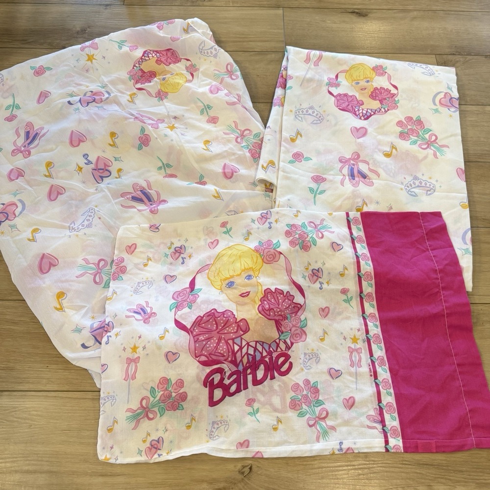 Vintage 1995 Barbie Twin Sheet Set Flat Fitted Pillowcase Retro Fabric Project